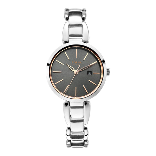 Titan Raga Viva Gun Dial Analog with Date Silver Metal Strap Watch for Women 2642SM01