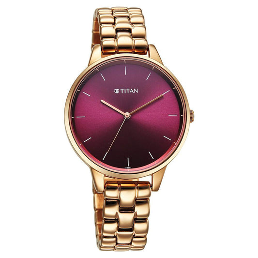 Titan Neo Quartz Analog Maroon Dial Rose Gold Metal Strap Watch For Women