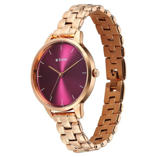 Titan Neo Quartz Analog Maroon Dial Rose Gold Metal Strap Watch For Women