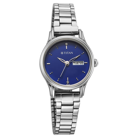 Titan Karishma Blue Dial Silver Stainless Steel Strap Analog with Day-Date Watch for Women