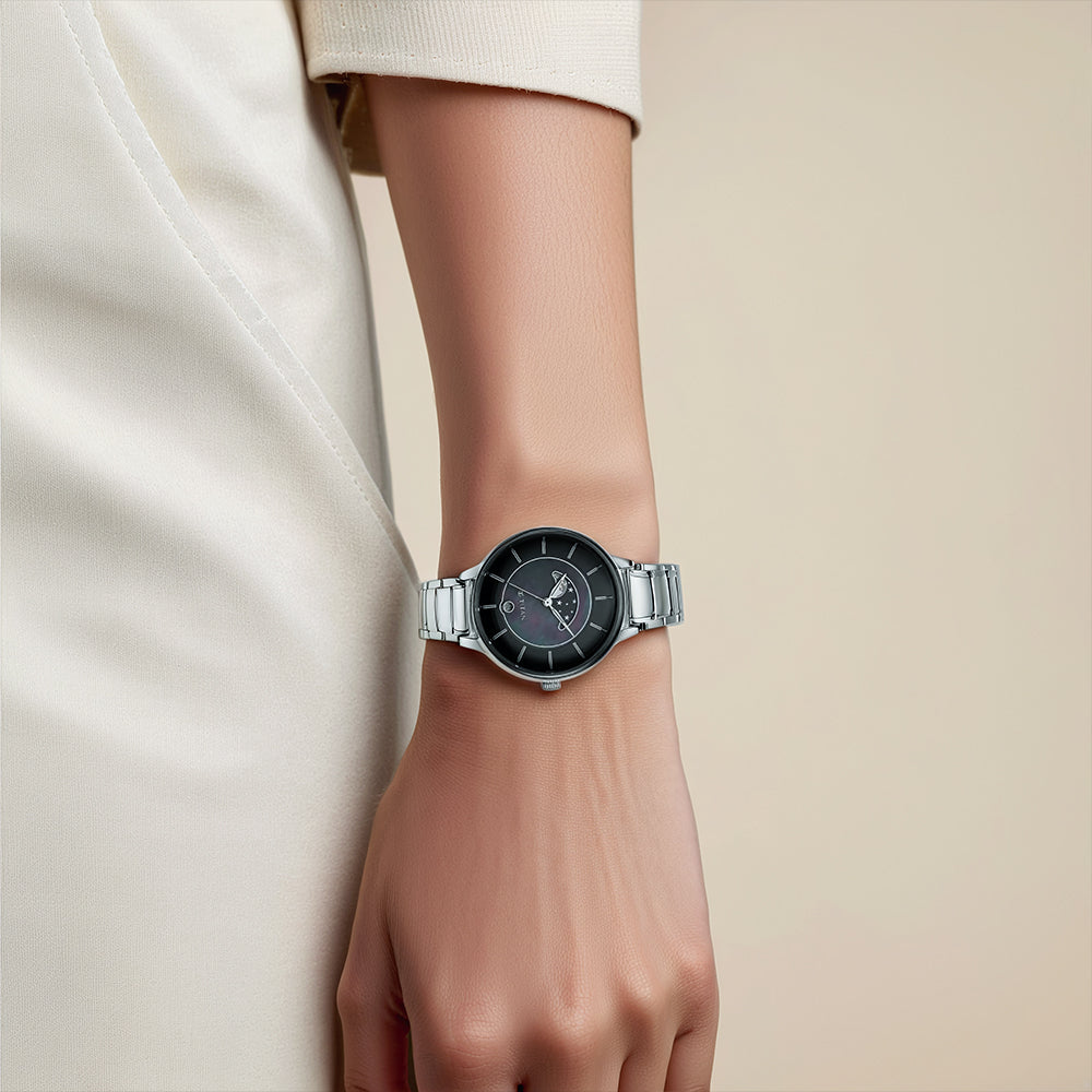 Titan Premium Workwear Black Dial Analog with Date Stainless Steel Strap watch for Women 2674SM01