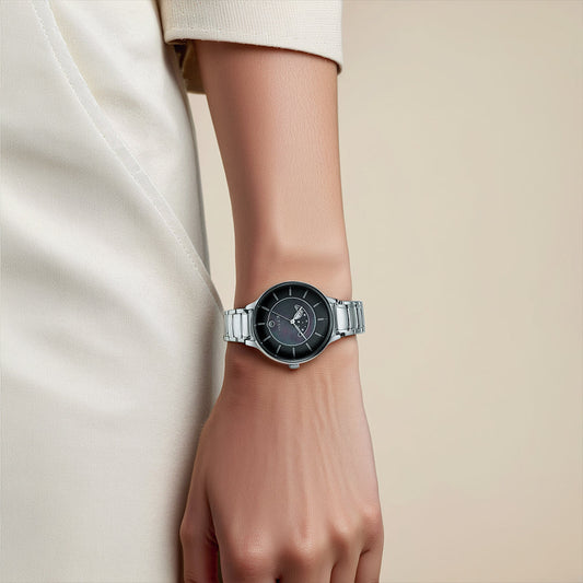 Titan Premium Workwear Black Dial Analog with Date Stainless Steel Strap watch for Women 2674SM01