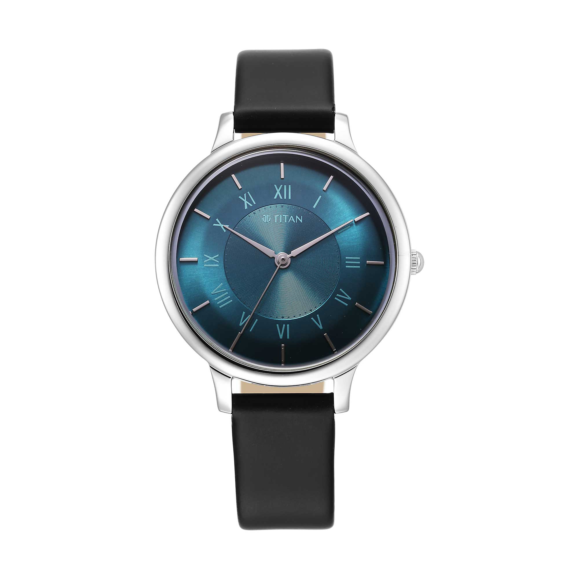 Titan Workwear Blue Dial Black Leather Strap Analog Watch for Women