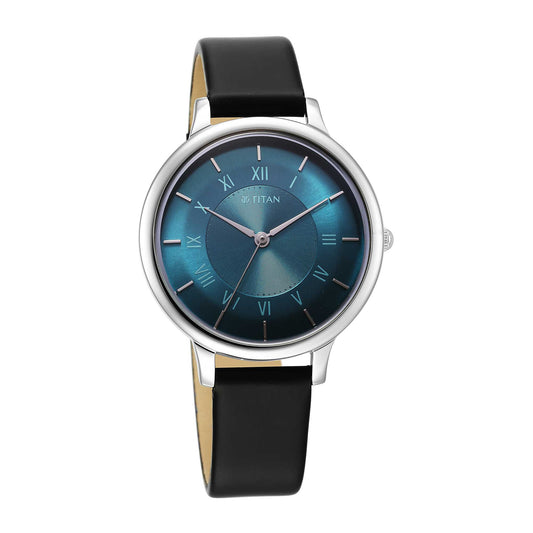 Titan Workwear Blue Dial Black Leather Strap Analog Watch for Women