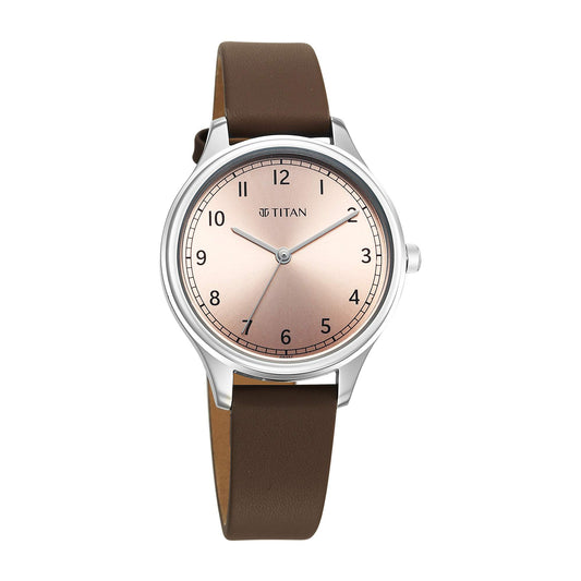 Titan Workwear Pink Dial Brown Leather Strap Analog Watch for Women