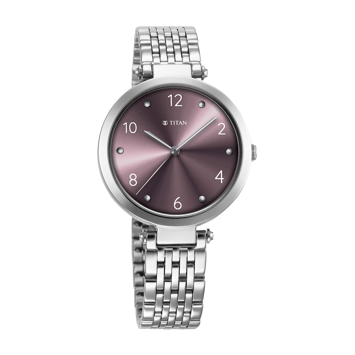 Titan Purple Dial Silver Metal Strap Analog Quartz Watch for Women
