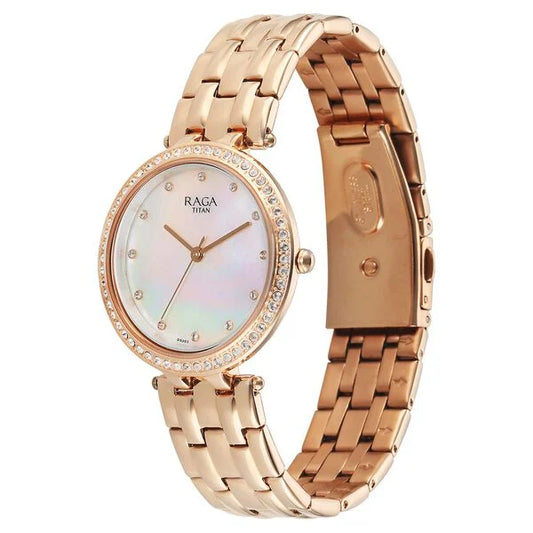 Titan Raga Mother of Pearl Dial Rose Gold Metal Strap Analog Watch for Women