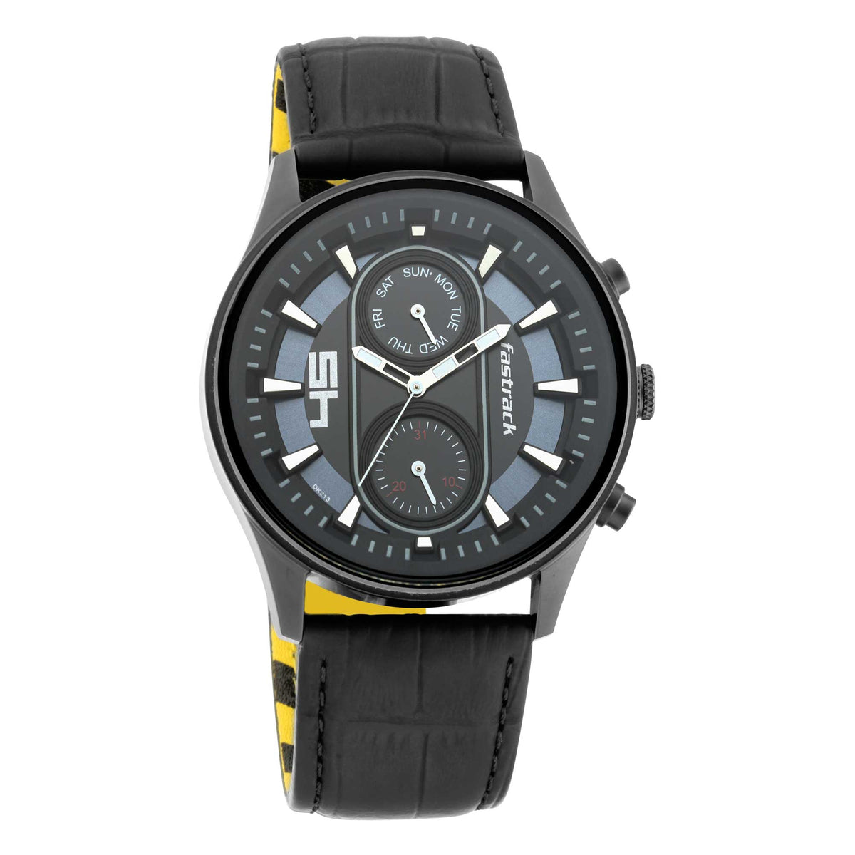 Fastrack Fastfit Quartz Analog with Day and Date Black Dial Leather Strap Watch for Guys