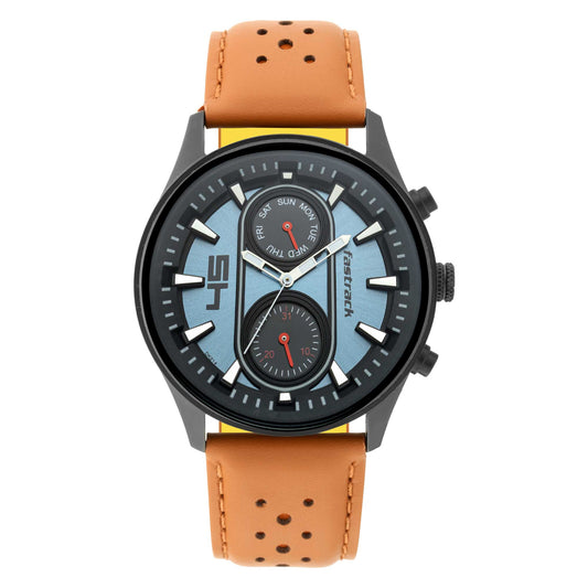 Fastrack Fastfit Quartz Analog with Day and Date Blue Dial Leather Strap Watch for Guys 3224NL02