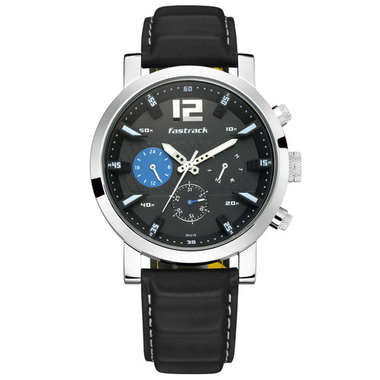 Fastrack Fastfit Quartz Multifunction Black Dial Leather Strap Watch for Guys 3227SL01