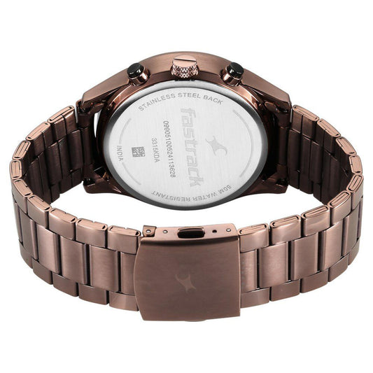 Fastrack Opulence Sun Moon Chronograph Black Dial Brown Metal Strap Analog Quartz Watch For Guys