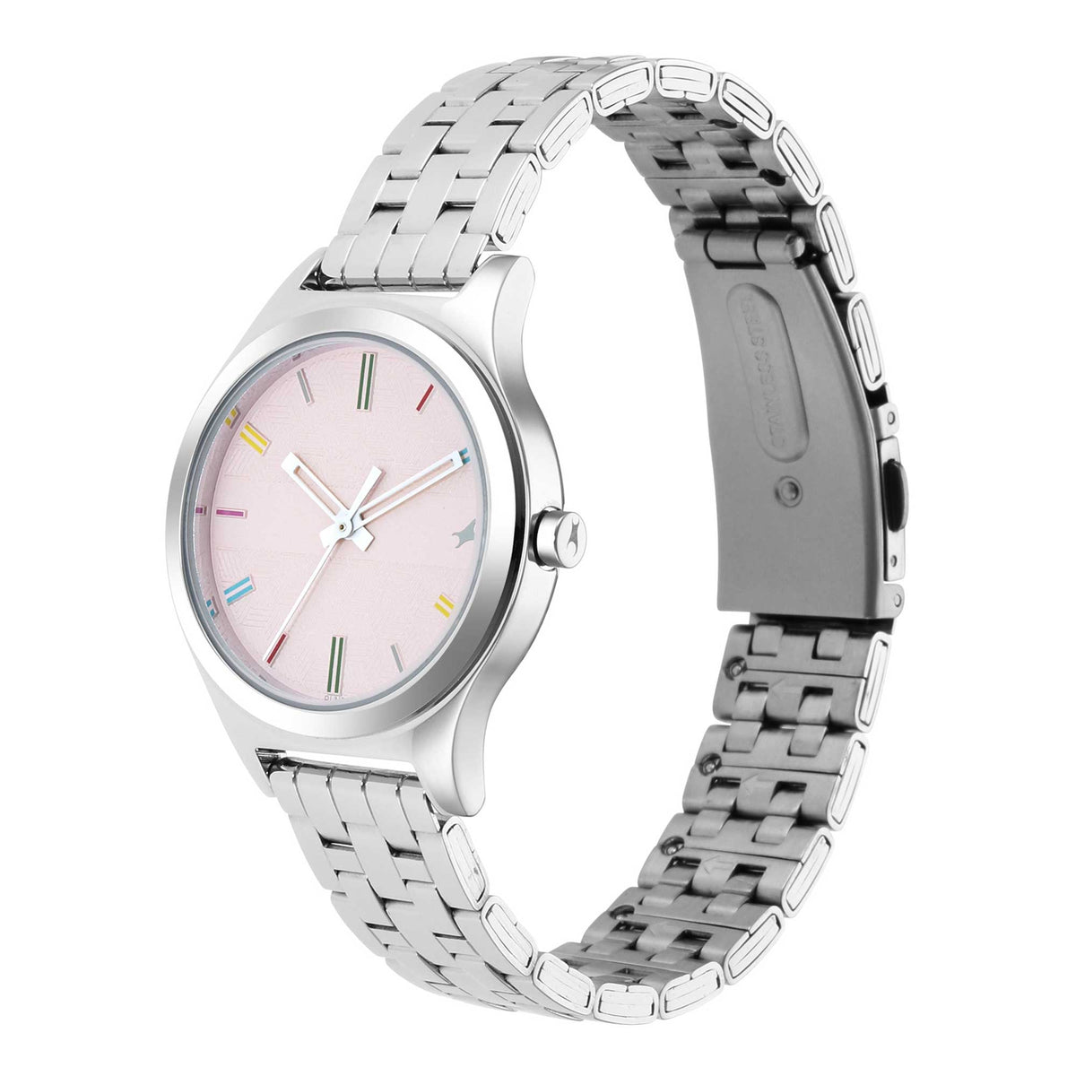 Fastrack Stunners Quartz Analog Pink Dial Metal Strap Watch for Girls