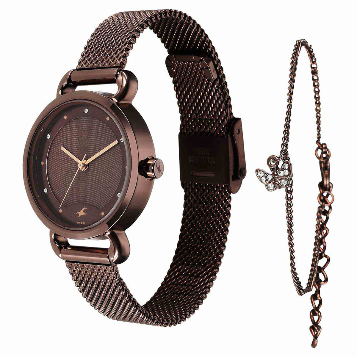 Fastrack Pulse Quartz Analog Brown Dial Stainless Steel Strap Watch for Girls