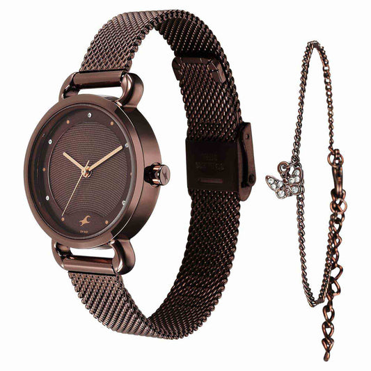 Fastrack Pulse Quartz Analog Brown Dial Stainless Steel Strap Watch for Girls
