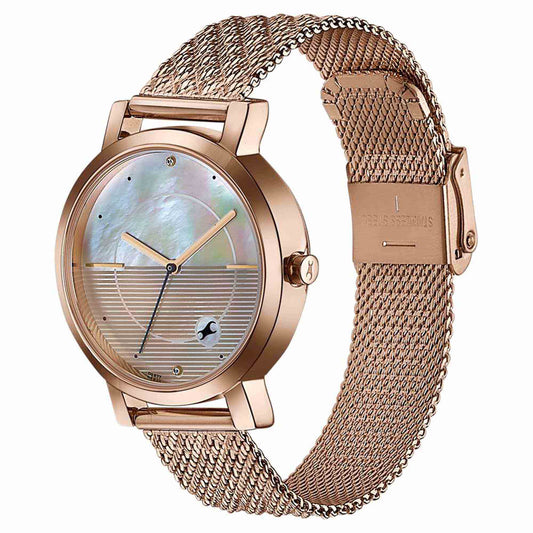 Fastrack Style Up Quartz Analog Mother Of Pearl Dial Rose Gold Stainless Steel Strap Watch For Girls