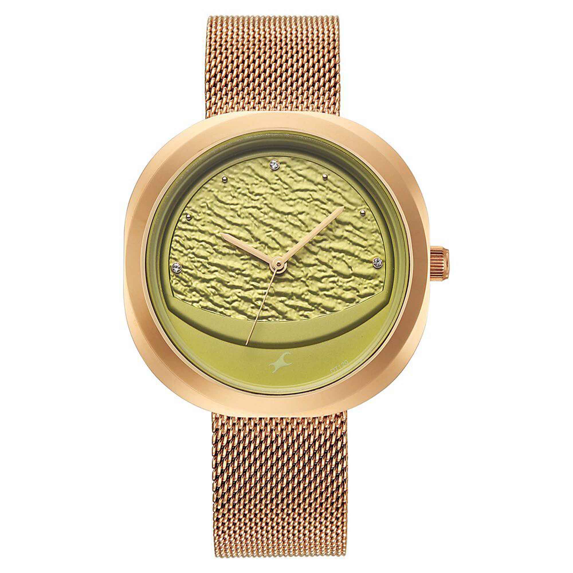 Fastrack Gelato rosegold analog mesh strap watch with Matcha green dial for Girls