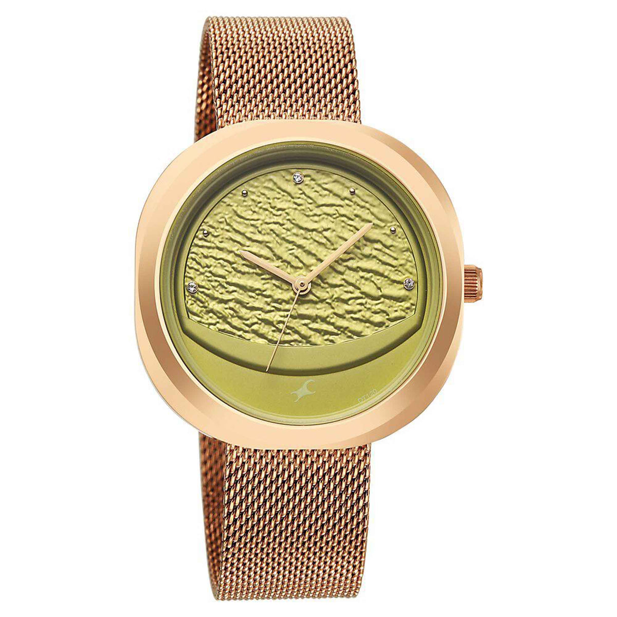Fastrack Gelato rosegold analog mesh strap watch with Matcha green dial for Girls
