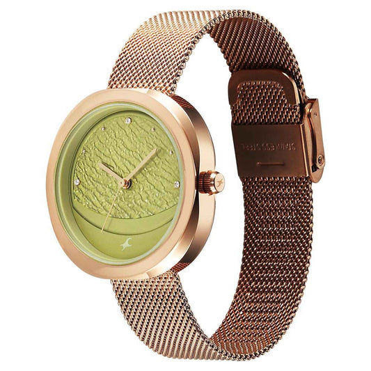 Fastrack Gelato rosegold analog mesh strap watch with Matcha green dial for Girls