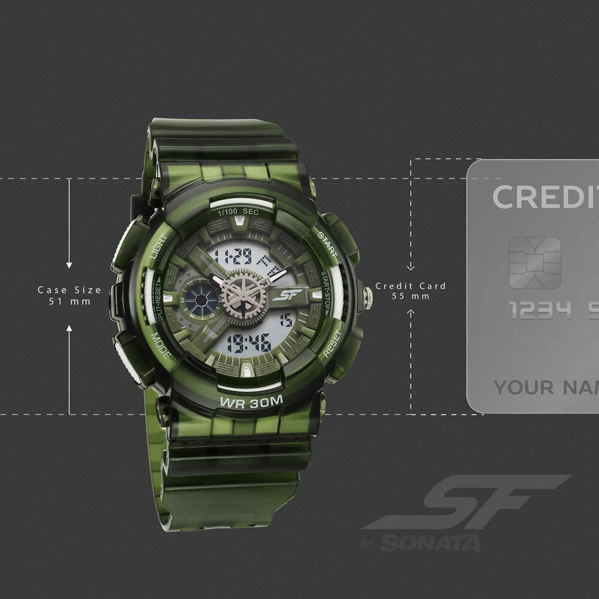 Sonata SF Spectra Quartz Digital Green Dial Translucent Green Polyether Strap Watch For Men