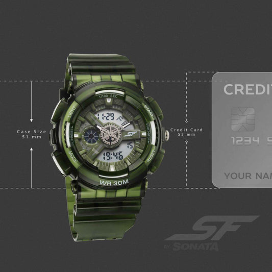 Sonata SF Spectra Quartz Digital Green Dial Translucent Green Polyether Strap Watch For Men