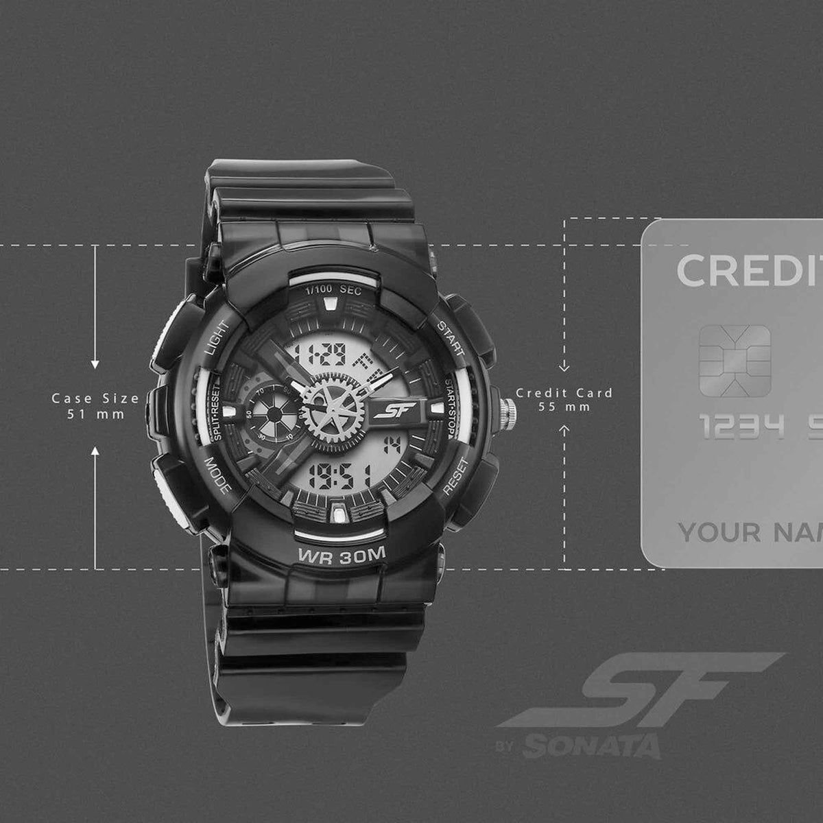 Sonata SF Spectra Quartz Digital Black Dial Translucent Black PU Strap Watch For Men