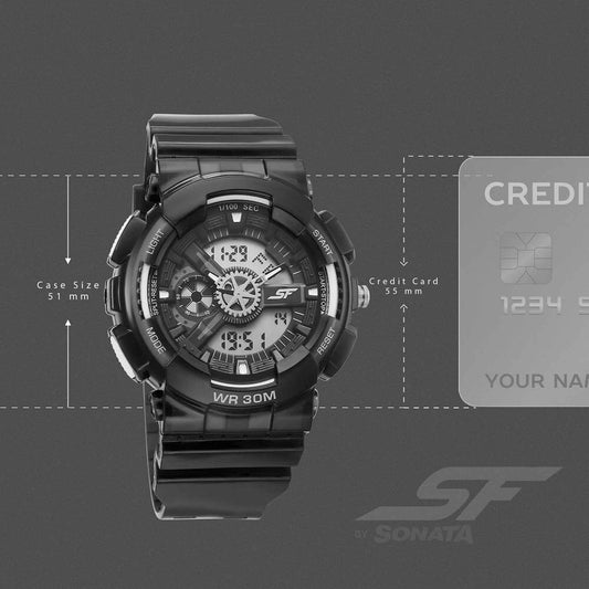 Sonata SF Spectra Quartz Digital Black Dial Translucent Black PU Strap Watch For Men