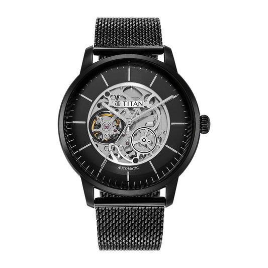 Titan Skeletal Automatic Black Dial Black Stainless Steel Strap Watch for Men