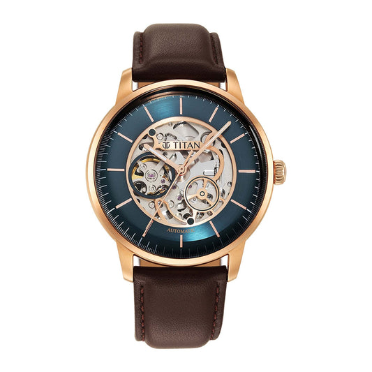 Titan Skeletal Automatic Blue Dial Brown Leather Strap Watch for Men