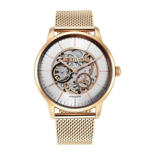 Titan Silver Dial Gold Stainless Steel Strap Skeletal Automatic Watch for Men