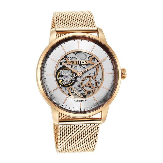 Titan Silver Dial Gold Stainless Steel Strap Skeletal Automatic Watch for Men