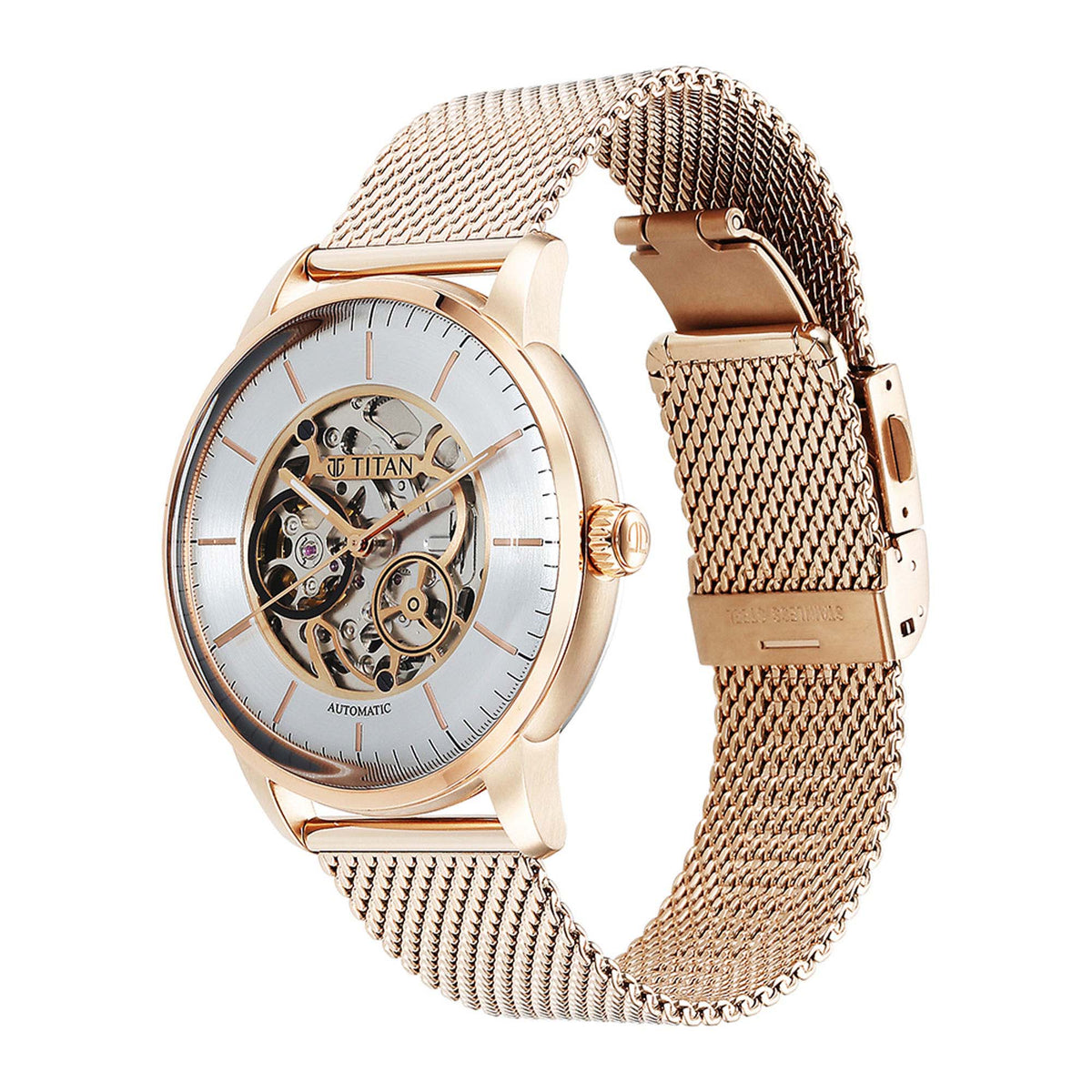 Titan Silver Dial Gold Stainless Steel Strap Skeletal Automatic Watch for Men