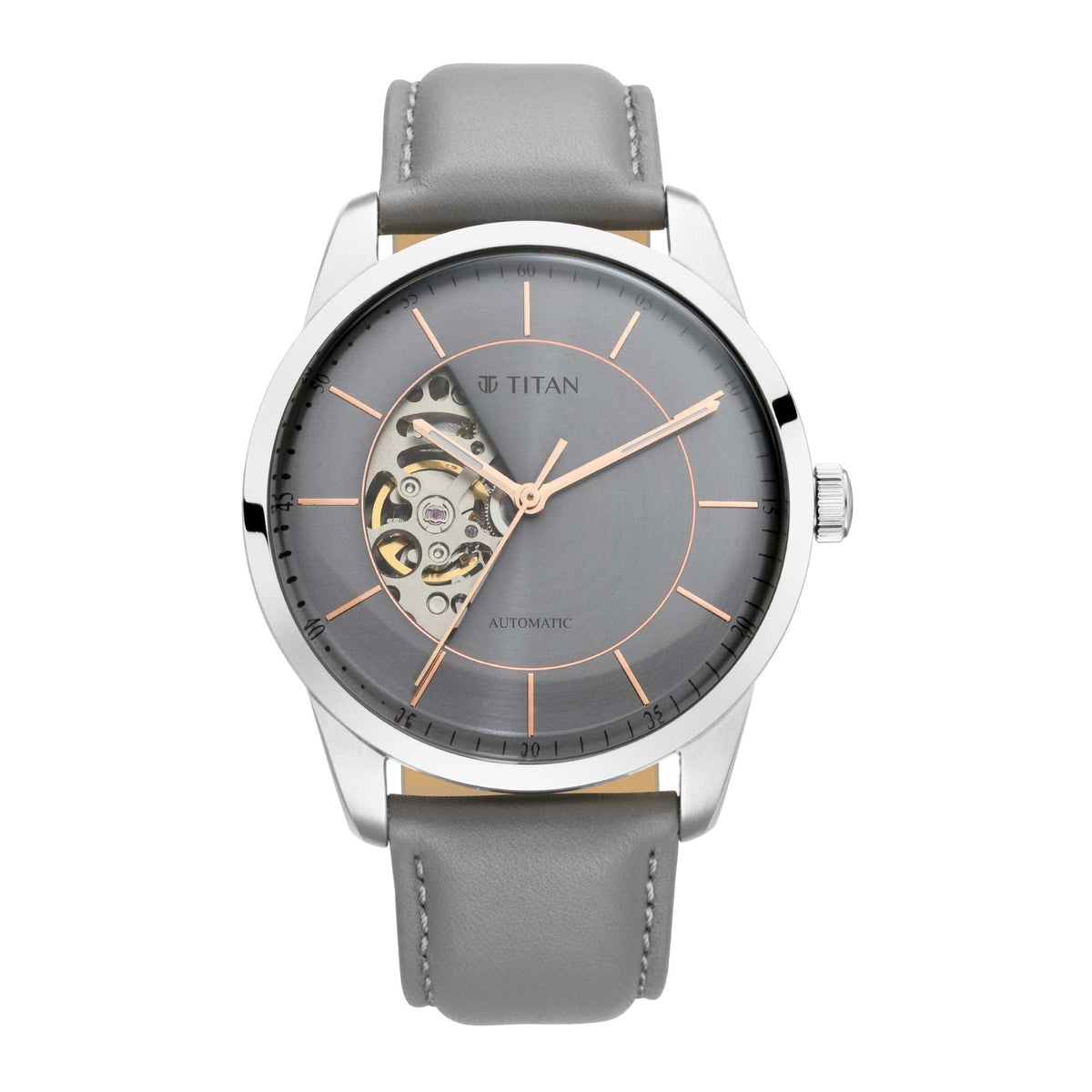 Titan Automatics Grey Dial Automatic Leather Strap Watch for Men