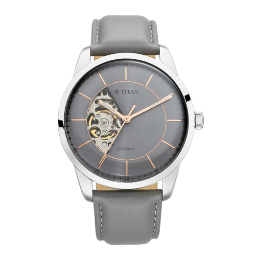 Titan Automatic Sectoral Grey Dial Grey Leather Strap Watch for Men
