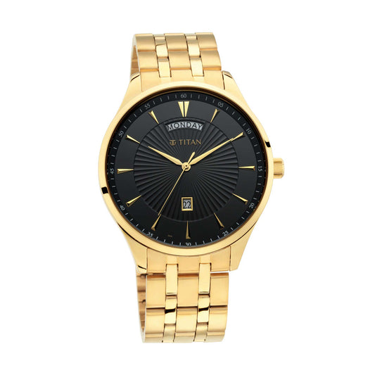 Titan Regalia Opulent Black Dial Analog with Day and Date Stainless Steel Strap watch for Men 90127YM02