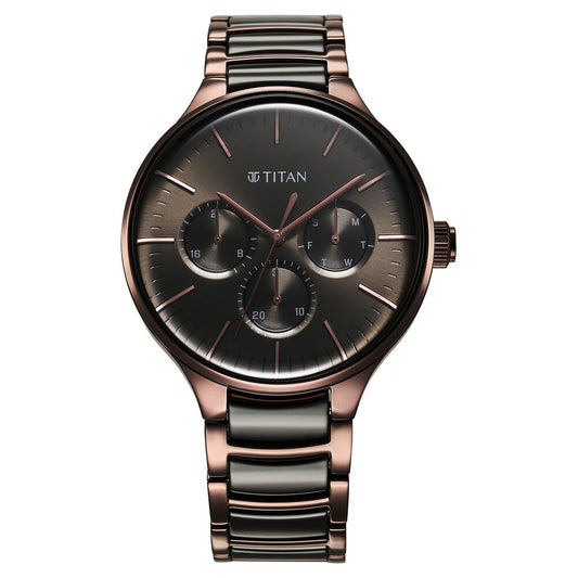 Titan Ceramic Fusion Multifunction Black Dial With Two Toned Color Stainless Steel Strap Watch For Men