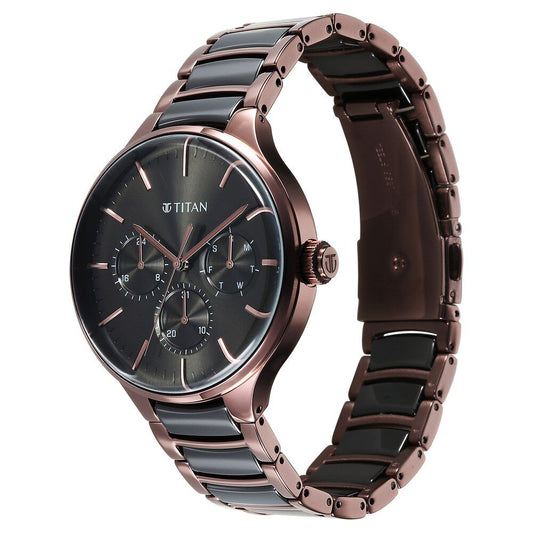 Titan Ceramic Fusion Multifunction Black Dial With Two Toned Color Stainless Steel Strap Watch For Men
