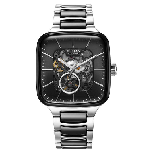 Titan Ceramic Fusion Automatic Square Black Dial Silver Dual-Toned Stainless Steel Bracelet Watch for Men