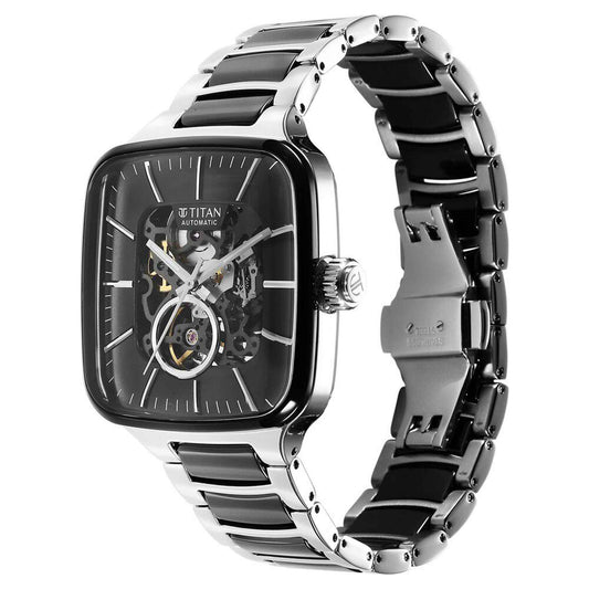 Titan Ceramic Fusion Automatic Square Black Dial Silver Dual-Toned Stainless Steel Bracelet Watch for Men