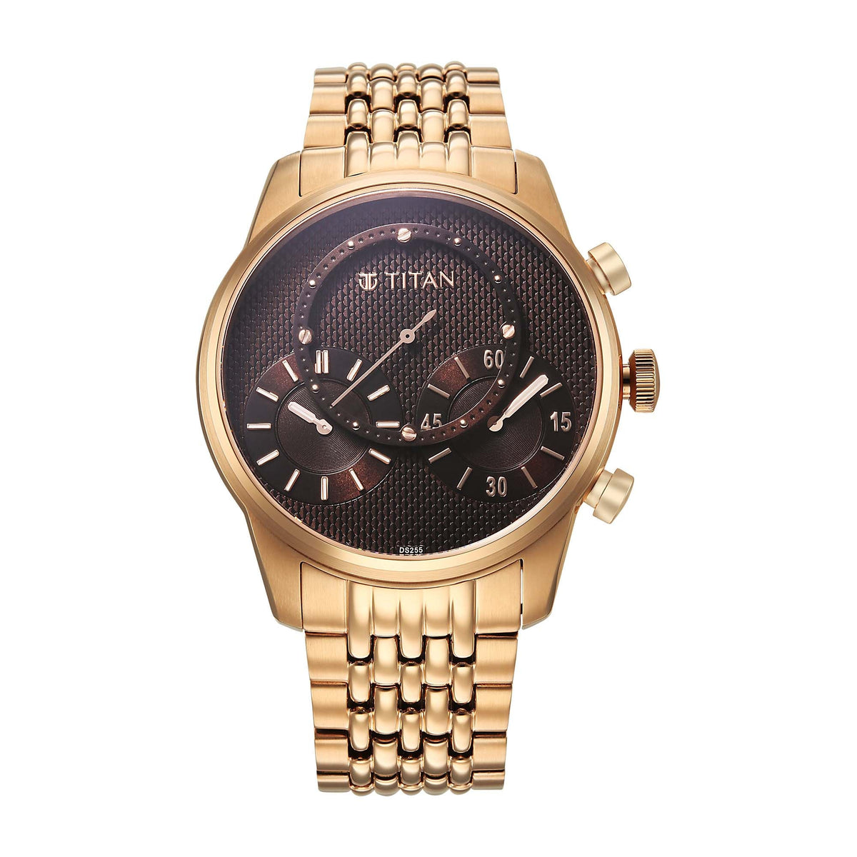 Titan Micromotors analog menâ€™s watch with a brown dial & a rose gold stainless steel strap for men.