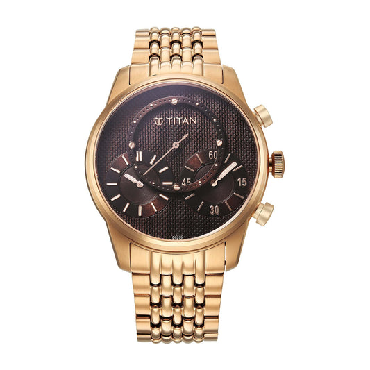 Titan Classique Micromotors Brown Dial Rose Gold Metal Strap Multifunction Watch for Men