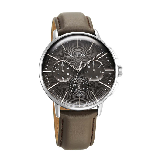 Titan Light leathers Multifunction Anthracite Dial Leather Strap Watch For Men