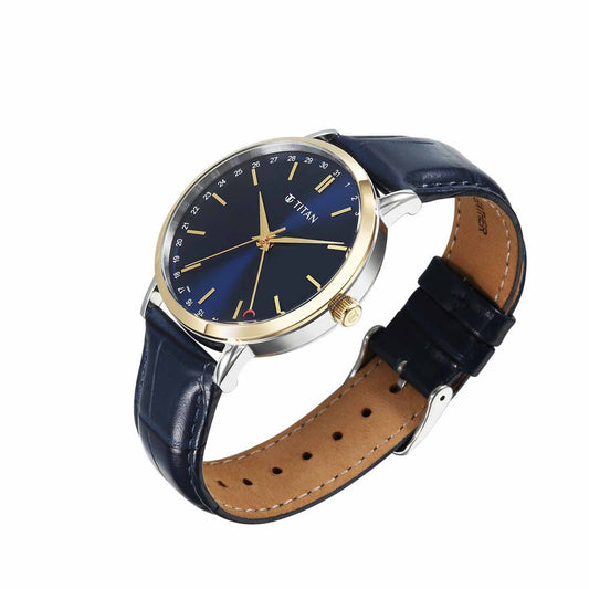 Titan Elegance Analog with Date by Hand and Blue Dial Blue Leather Strap Watch for Men