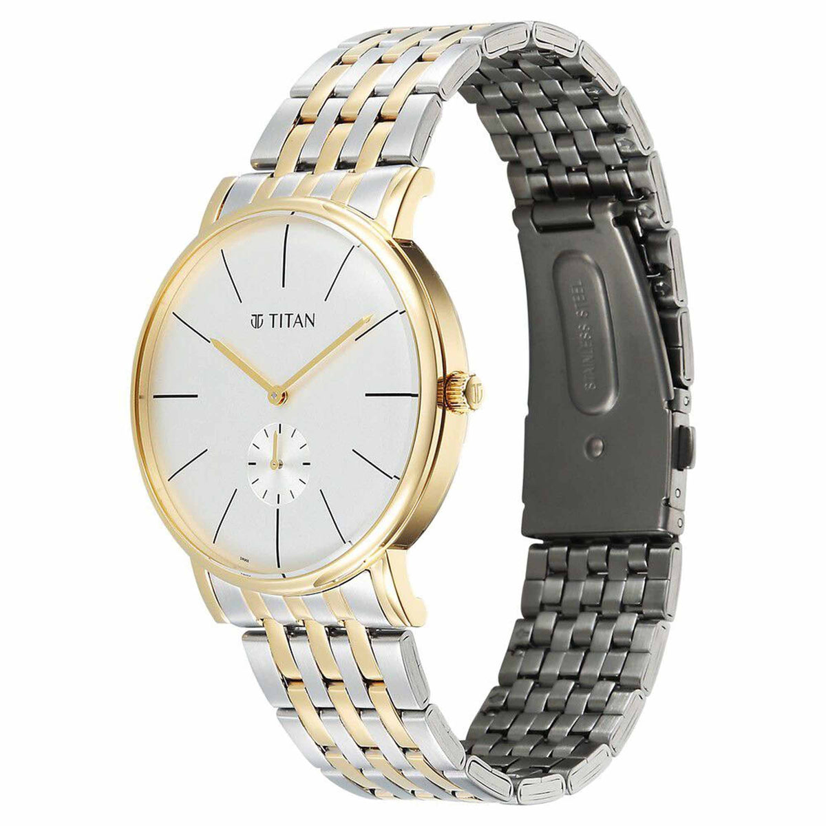 Titan Elegance Analog with Small Second and White Dial Stainless Steel Two Toned Strap Watch for Men