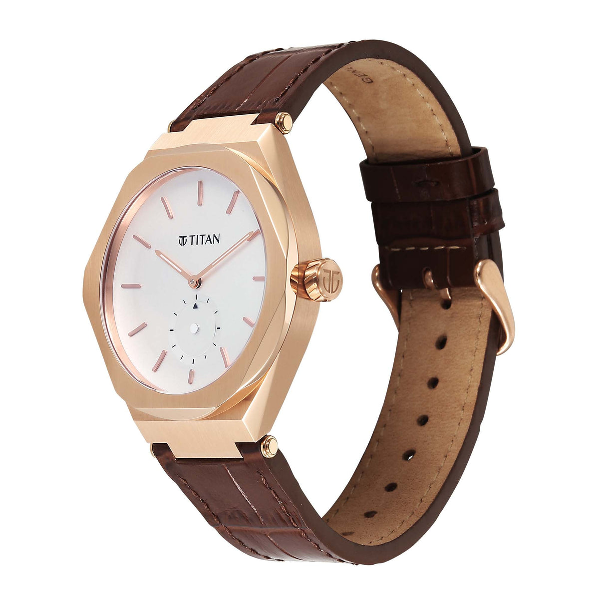 Polygonal Gold-tone Titan Contour men's analog watch from a high-angle view, showing the crown.