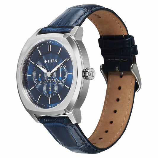 Titan Regalia Arc Analog with Day Date Second Subdial and Blue Dial Blue Leather Strap Watch for Men
