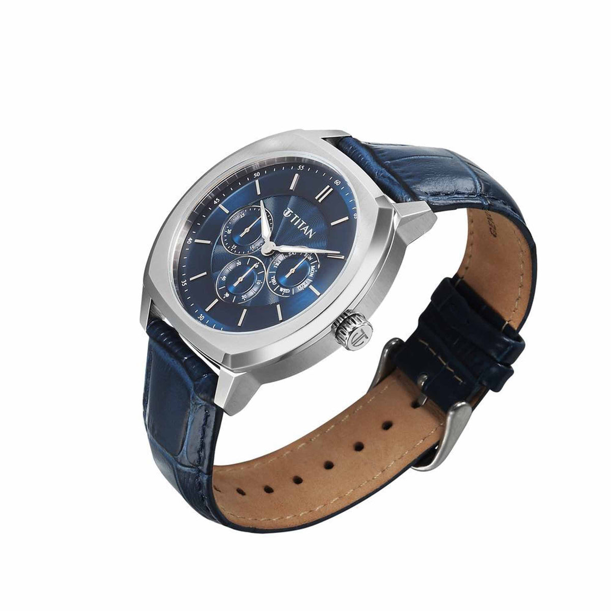 Titan Regalia Arc Analog with Day Date Second Subdial and Blue Dial Blue Leather Strap Watch for Men