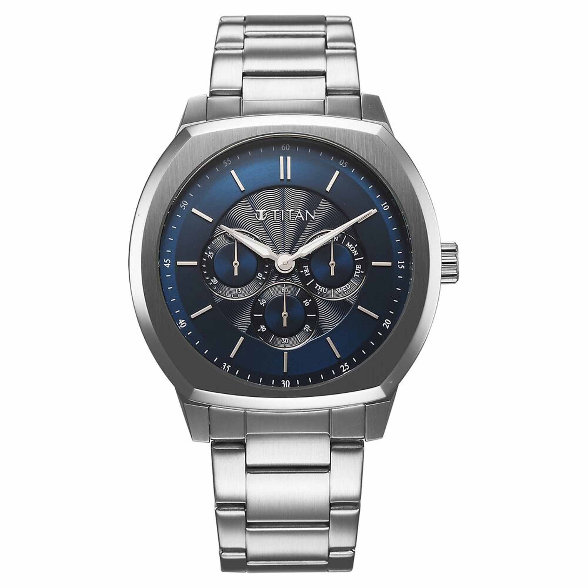 Titan Regalia Arc Analog with Day Date Second Subdial and Blue Dial Stainless Steel Strap Watch for Men