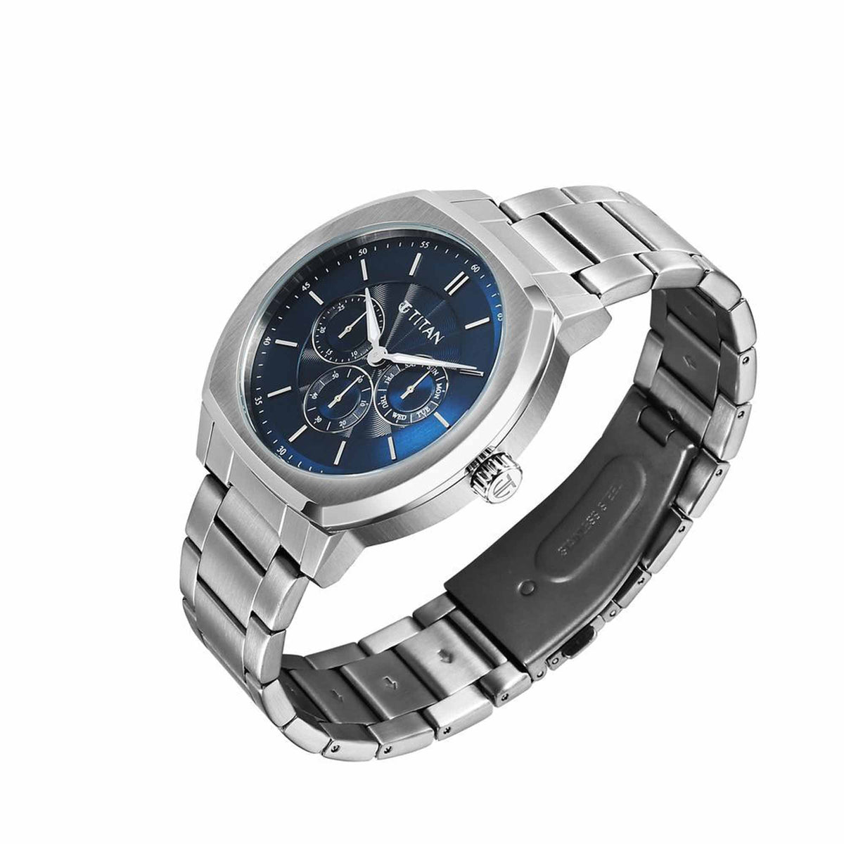 Titan Regalia Arc Analog with Day Date Second Subdial and Blue Dial Stainless Steel Strap Watch for Men