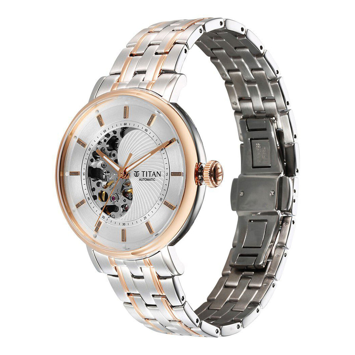 Titan Yin Yang Skeletal Automatic Analog with White Dial Silver and Rose Gold Stainless Steel Strap Watch for Men