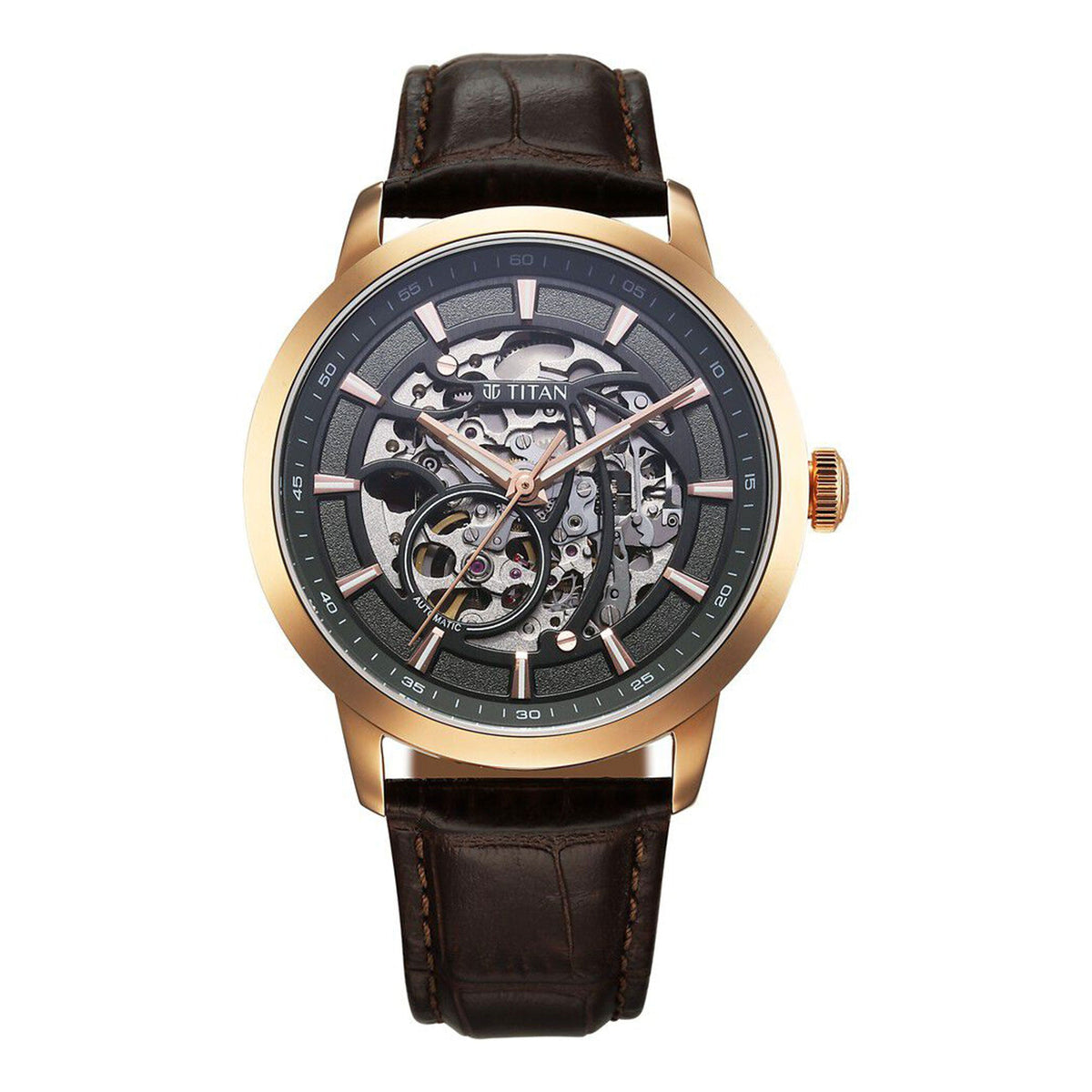 Titan Phoenix Skeletal Automatic Analog with Gun Dial Brown Leather Strap Watch for Men